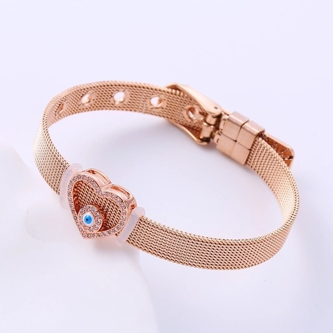 Pulsera De Acero Inoxidable Corazón Ojo Turco Malla Ajustable Diamantes De Imitación Joyería Para Mujeres