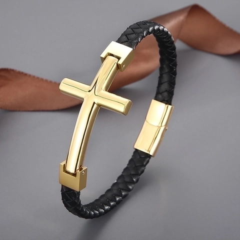 Bracciale In Pelle Intrecciata Con Ciondolo A Croce In Acciaio Inossidabile Chiusura Magnetica Stile Etnico Da Uomo