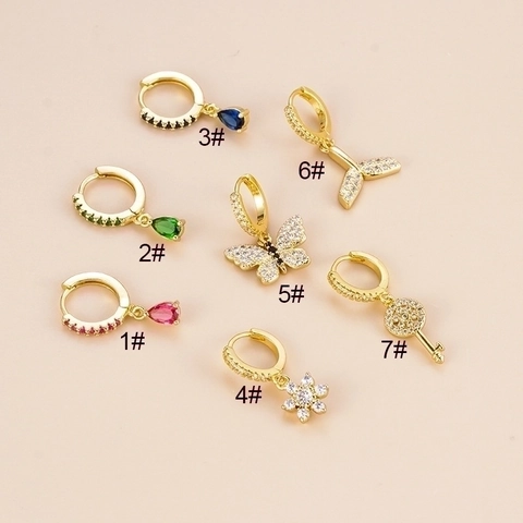 Orecchino Piercing Cartilagine Cerchio Rame Zircone Farfalla Fiore Coda Pesce Chiave Pendente Irregolare Moda Donna