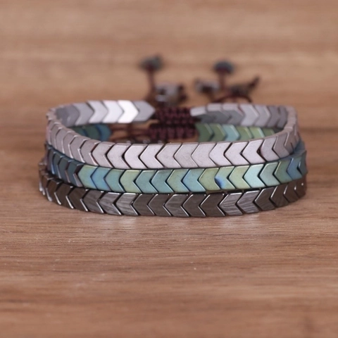 Men Hematite Arrow Beaded Bracelet Handmade Braided Adjustable Rope Minimalist Punk Jewelry