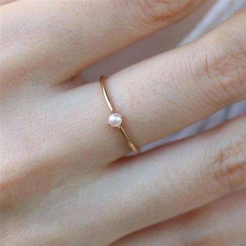 Minimalist 18K Gold Plated White Copper Ring Elegant Slim Forest Style Dainty Artificial Pearl Jewelry For Women