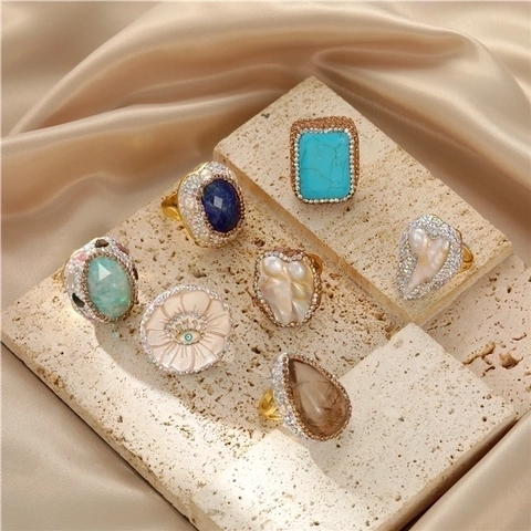 Baroque Natural Artificial Pearl Adjustable Ring Copper Evil Eye Turquoise Lapis Lazuli Retro French Statement Jewelry For Women