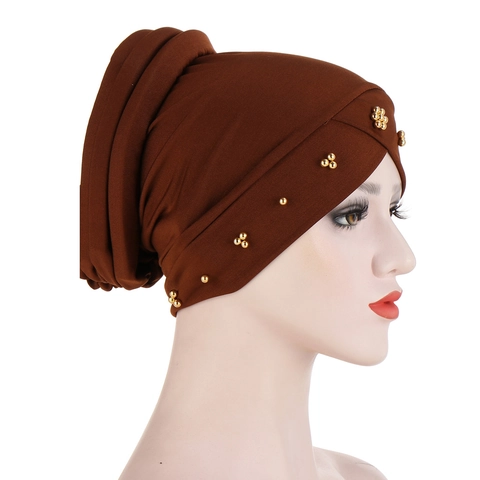 Gorro Turbante Mujer Color Sólido Plisado Cruzado Quimioterapia Con Cuentas Doradas Poliéster Suave Pañuelo
