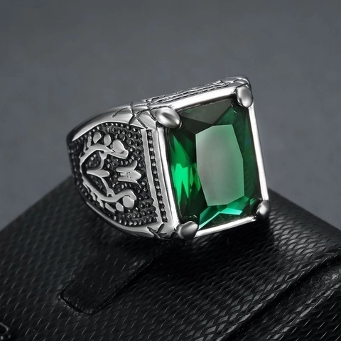Men Vintage Punk Ring Stainless Steel Rectangle Faux Gemstone Gothic Relief Patterns Signet Jewelry Durable Gift For Him