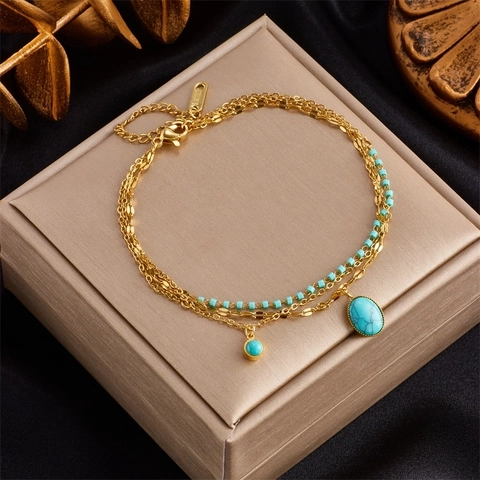 Bohemian Vintage Turquoise Pendant Stainless Steel Double Layer Bracelet For Women Gold Plated Chain Jewelry Accessories