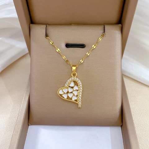 Herz Anhänger Halskette Titanstahl Kupfer Vergoldet Zirkonia Weißes Emaille Eleganter Choker Schmuck Für Damen