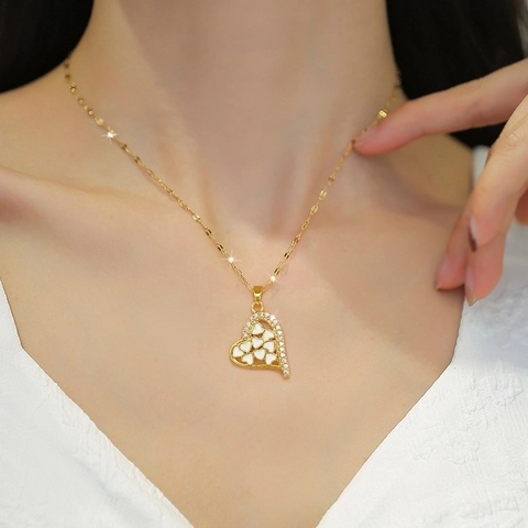 Herz Anhänger Halskette Titanstahl Kupfer Vergoldet Zirkonia Weißes Emaille Eleganter Choker Schmuck Für Damen
