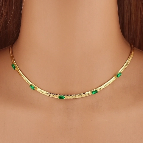 Collana Elegante Con Catena A Serpente Ottone Placcato Oro 18K Con Zirconia Cubica Rettangolare Gemma Colorata Gioielli
