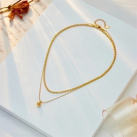 Double Layer Necklace Stainless Steel Round Ball Pendant Olive Bead Chain Gold Plated Minimalist Jewelry For Women