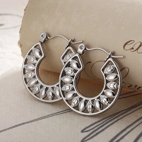 Hollow Leaf Texture Hoop Earrings Stainless Steel Wheat Grain Pattern C Shaped Jewelry For Women