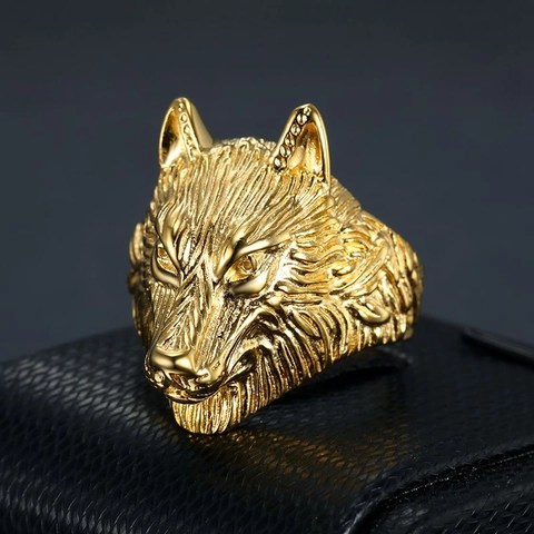 Wolf Head Ring Gold Plated Stainless Steel Hip Hop Punk Animal Jewelry Men Gothic Biker