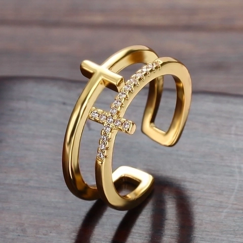 Double Layer Cross Ring Copper Zircon Open Adjustable Finger Jewelry Trendy Fashion Women