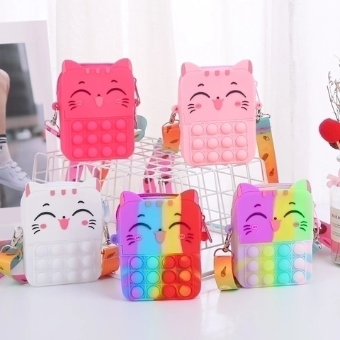 Cartoon Cat Silicone Pop Bubble Fidget Crossbody Bag For Kids Girls Stress Relief Coin Purse With Rainbow Strap