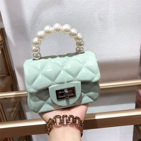 Mini Jelly Crossbody Bag Quilted PVC Handbag With Artificial Pearl Handle Metal Chain Turn-lock Closure Candy Color Fashion