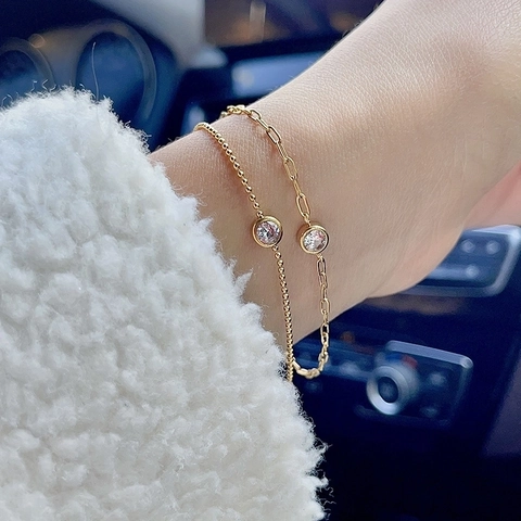 Pulsera Minimalista Circonita Acero Titanio Chapado Oro 18K Ajuste Bisel Cadena De Clip Joyería Mujeres