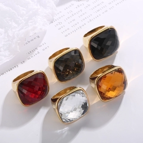 Anello Cocktail Vintage Acciaio Inossidabile Fascia Larga Taglio Cushion Cristallo Vetro Gemma Quadrato Gioielli Moda Per Donne