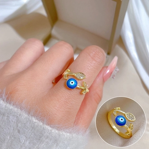 Evil Eye Blatt Ring Gold Vergoldet Messing Zirkon Verstellbar Offen Mode Schmuck Für Frauen Minimalistisch