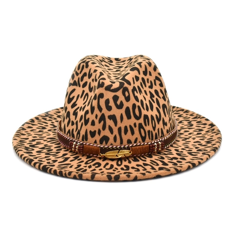 Cappello Fedora A Tesa Larga Con Stampa Leopardata In Feltro Di Lana Con Fascia Intrecciata Ciondolo Piuma Berretto Jazz Retro