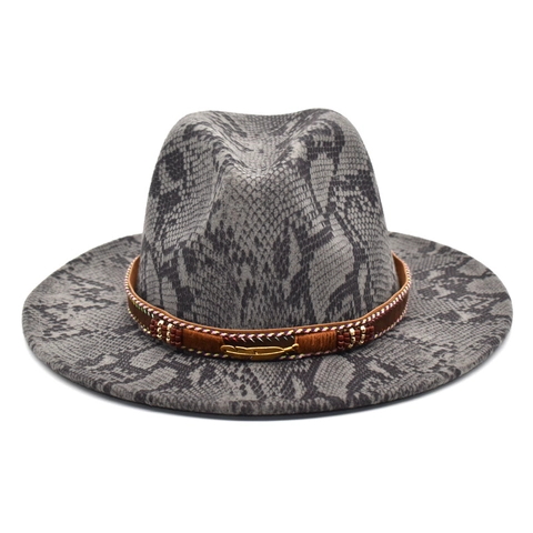 Cappello Fedora Stampa Serpente Cotone Poliestere Tesa Larga Western Vintage Jazz Con Cintura In Pelle Ciondolo Piuma Dorata