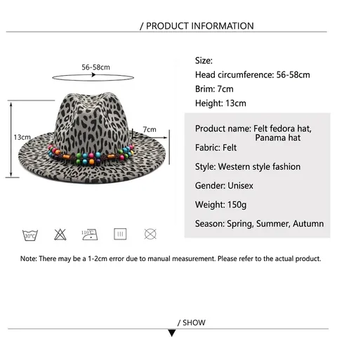 Cappello Fedora Leopardato Con Fascia Di Perline Colorate Feltro A Tesa Larga Stile Boho Per Uomo Donna