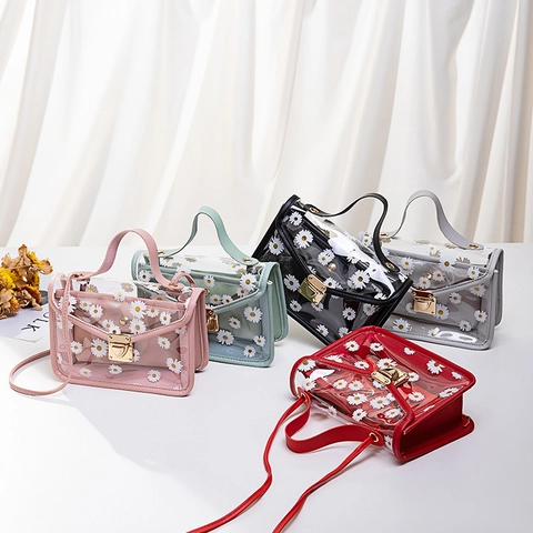 Daisy Print Transparent PVC Shoulder Bag And PU Inner Pouch Crossbody Handbag Small Square Purse For Women