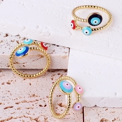 Evil Eye Open Rings Copper Gold Plated Colorful Enamel Adjustable Minimalist INS Style Fashion Jewelry For Women