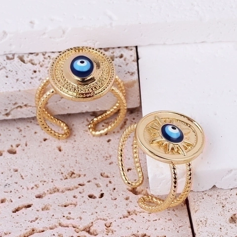 Bague Ouverte Oeil Maléfique Soleil En Laiton Plaqué Or Rétro Ethnique Ajustable Mystérieuse Émail Bleu Géométrique Pour Femmes