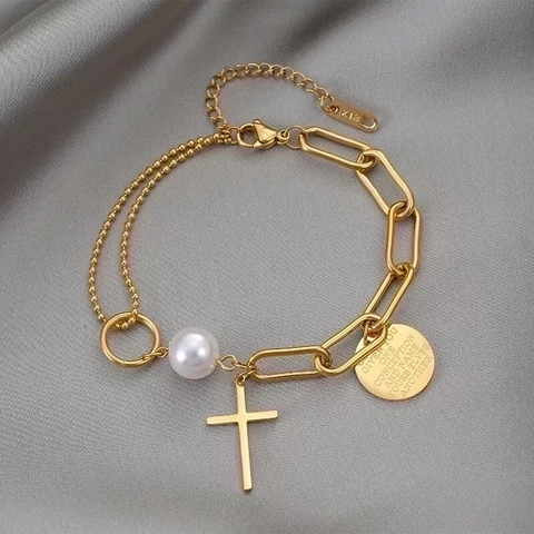 Edelstahl Armband Mit Künstliche Perle Und Kreuz Rundem Münzanhänger Unregelmäßige Gliederkette Gold Vergoldet Mode Für Damen