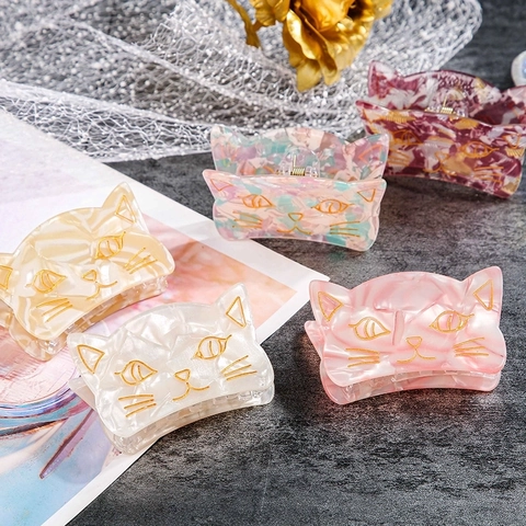 Schattige Kat Haarklem Acetaat Acryl Gouden Omranding Kattengezicht Marmeren Schelp Textuur Koreaanse Stijl