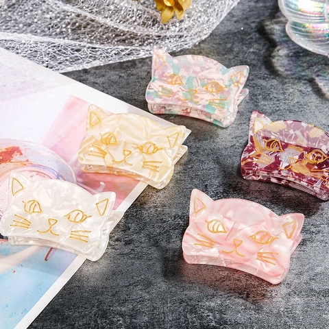 Schattige Kat Haarklem Acetaat Acryl Gouden Omranding Kattengezicht Marmeren Schelp Textuur Koreaanse Stijl