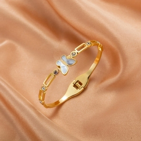 Bracciale Rigido Farfalla Acciaio Al Titanio Placcato Oro 18K Intarsio Conchiglia Zirconia Gioielli Lusso Donna