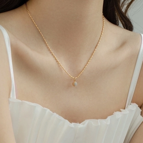 Round Green Aventurine Pendant Necklace Titanium Steel Gold Plated Minimalist French Style Clavicle Chain Jewelry For Women