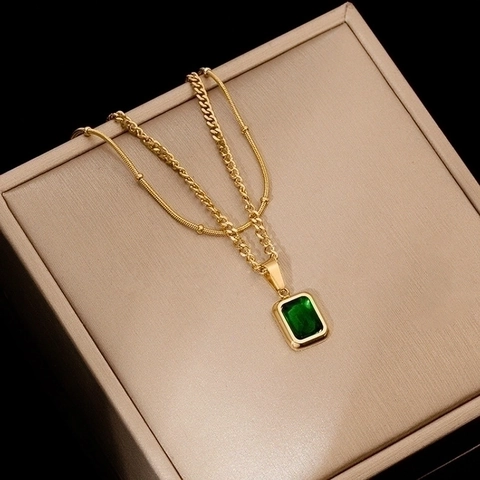 Layered Necklace Stainless Steel Gold Plated Rectangle Green Emerald Style Zircon Pendant Vintage Elegant Jewelry For Women