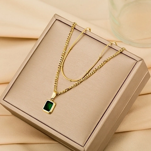 Layered Necklace Stainless Steel Gold Plated Rectangle Green Emerald Style Zircon Pendant Vintage Elegant Jewelry For Women