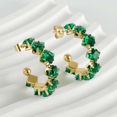 C Shaped Hoop Earrings 18K Gold Plated Stainless Steel Square Cubic Zirconia Vintage Luxury Trendy Jewelry For Women