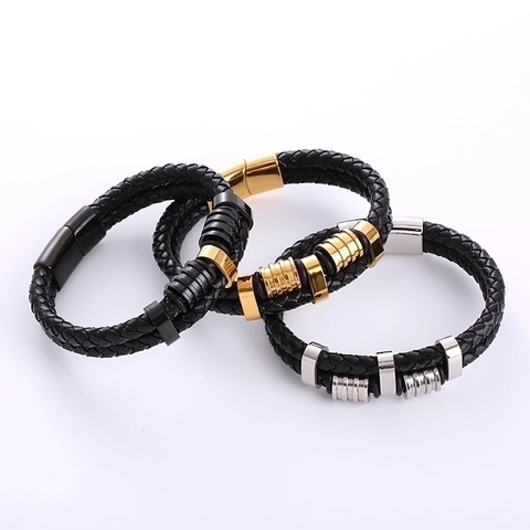 Bracciale In Pelle Intrecciata Da Uomo Chiusura Magnetica In Acciaio Inossidabile 304 Stile Punk Corda Multistrato