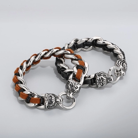 Bracciale Da Uomo Testa Di Tigre Acciaio Inossidabile Pelle Intrecciata Retro Punk Gioielli