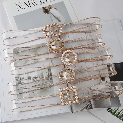 Women Transparent PVC Belt With Artificial Pearl Rhinestone Square Round Heart Buckle Clear Waist Strap For Dresses Jeans