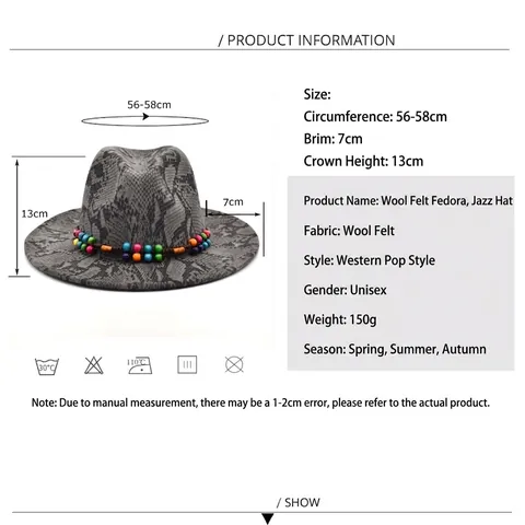 Cappello Fedora Tesa Larga Stampa Serpente Cotone Poliestere Fascia Perline Colorate Stile Panama Bohemien Da Donna