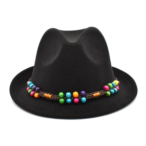 Wool Felt Fedora Hut Bohemian Bunte Holzperle Band Jazz Gambler Stil Outdoor Reisen Sonnenschutz