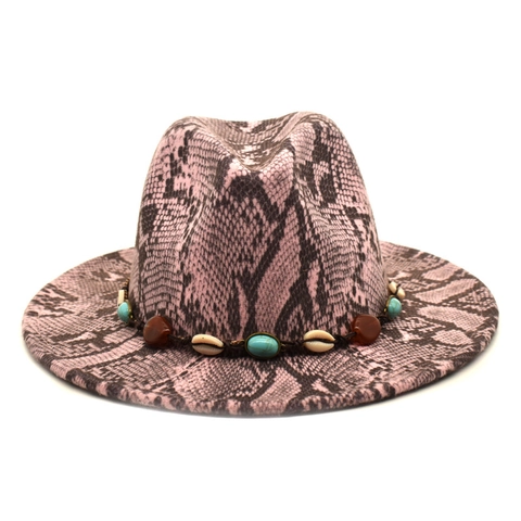 Sombrero Fedora Estampado Serpiente Ala Ancha Jazz Con Banda Bohemia Turquesa Y Conchas Fieltro Algodón Poliéster