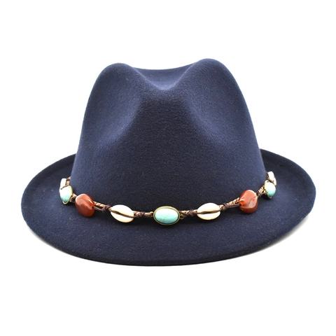 Woolen Fedora Hat For Women Men Ethnic Style Beaded Band Turquoise Shell Wide Brim Jazz Cap Outdoor Travel