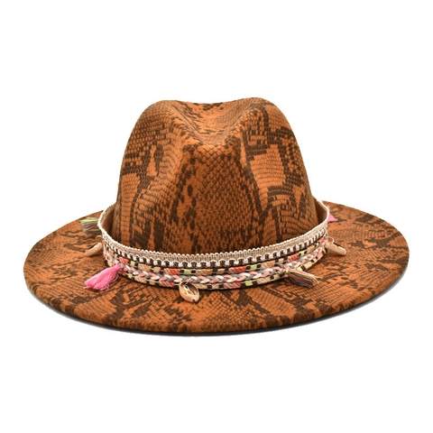 Sombrero Fedora Con Estampado De Serpiente Ala Ancha Algodón Poliéster Estilo Bohemio Étnico Con Borlas Conchas Para Hombre Mujer