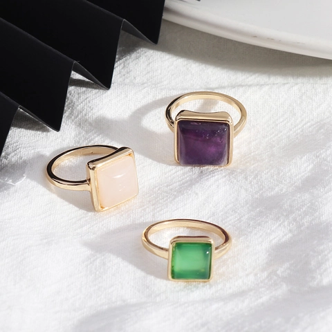 Fashion Square Natural Stone Ring For Women Alloy Gold Plated Minimalist Geometric Ins Style Finger Jewelry Elegant