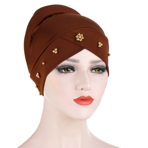 Gorro Turbante Mujer Color Sólido Plisado Cruzado Quimioterapia Con Cuentas Doradas Poliéster Suave Pañuelo