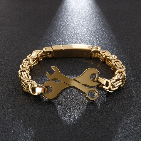Men Stainless Steel Bracelet Wrench Spanner Industrial Punk Mechanical Byzantine Chain Jewelry