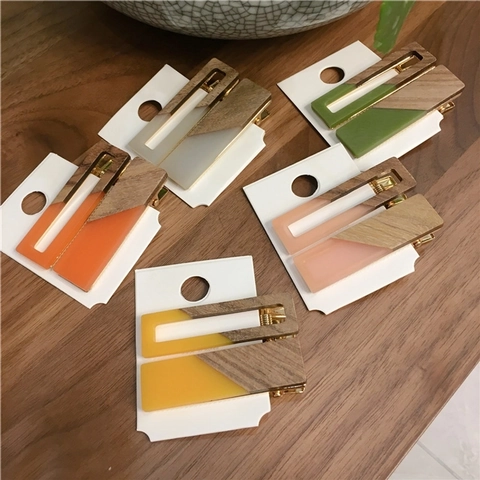 Geometrische Patchwork Haarklammern Holz Harz Dreieck Rechteck Entenschnabel Clips Bonbonfarben Haarschmuck Damen