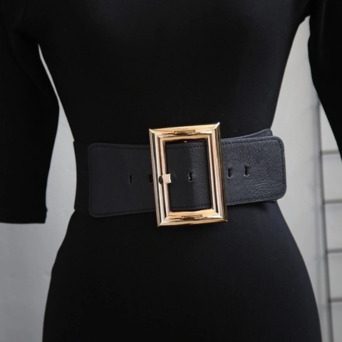 Cintura Corsetto Larga Da Donna Pelle Sintetica Elastica Vita Fibbia Quadrata In Lega Retrò Moderno Per Vestito Cappotto