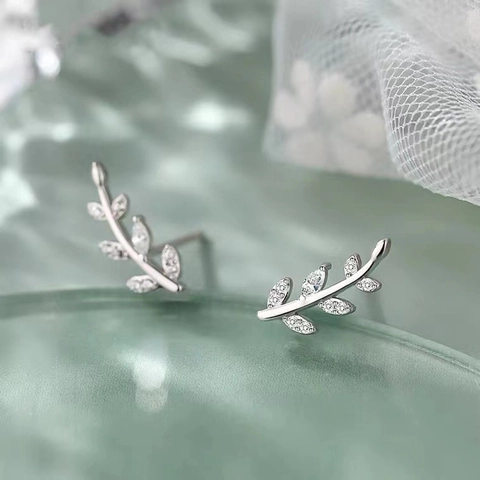925 Sterling Silver Stud Earrings Leaf Olive Branch Shaped Cubic Zirconia Minimalist Elegant Fashionable Women Jewelry Accessory