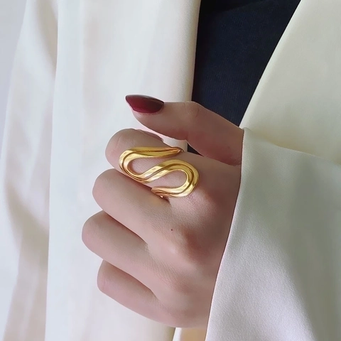Trendiger Vergoldeter Edelstahl S-Form Offener Ring Minimalistisches Geometrisches Wellendesign Verstellbarer Ring Für Damen